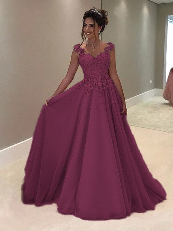 A-Line Sweetheart Sleeveless Floor-Length With Applique Tulle Prom Dress