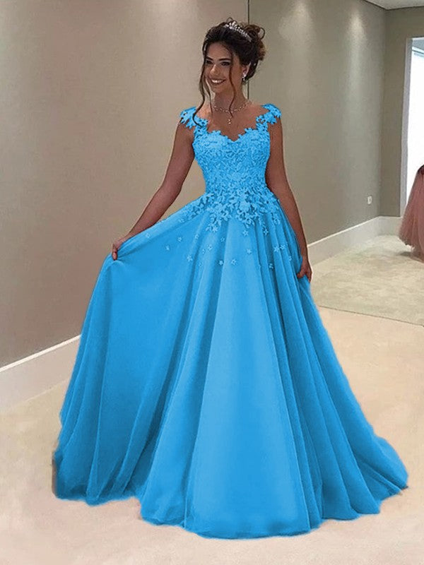 A-Line Sweetheart Sleeveless Floor-Length With Applique Tulle Prom Dress