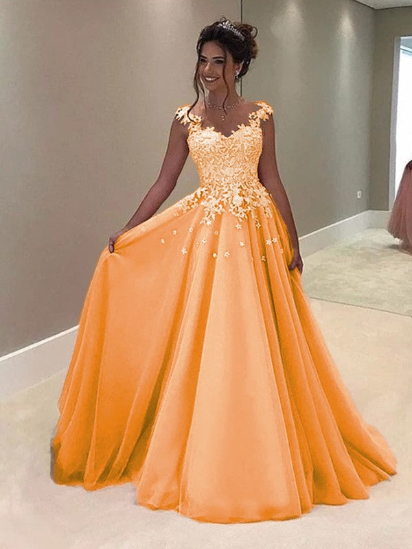 A-Line Sweetheart Sleeveless Floor-Length With Applique Tulle Prom Dress