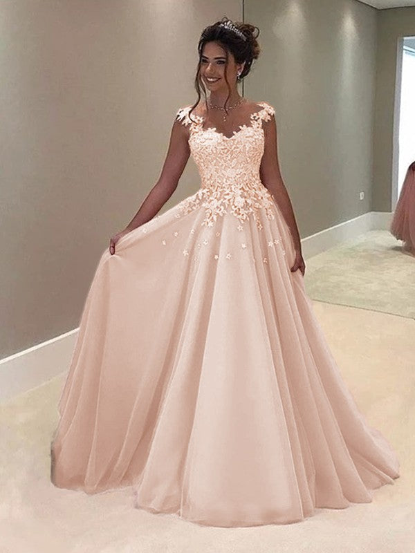 A-Line Sweetheart Sleeveless Floor-Length With Applique Tulle Prom Dress