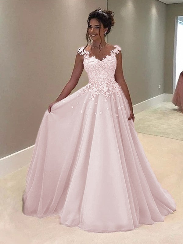A-Line Sweetheart Sleeveless Floor-Length With Applique Tulle Prom Dress