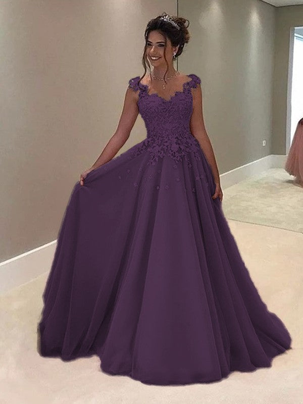 A-Line Sweetheart Sleeveless Floor-Length With Applique Tulle Prom Dress