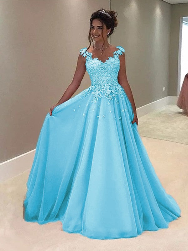 A-Line Sweetheart Sleeveless Floor-Length With Applique Tulle Prom Dress