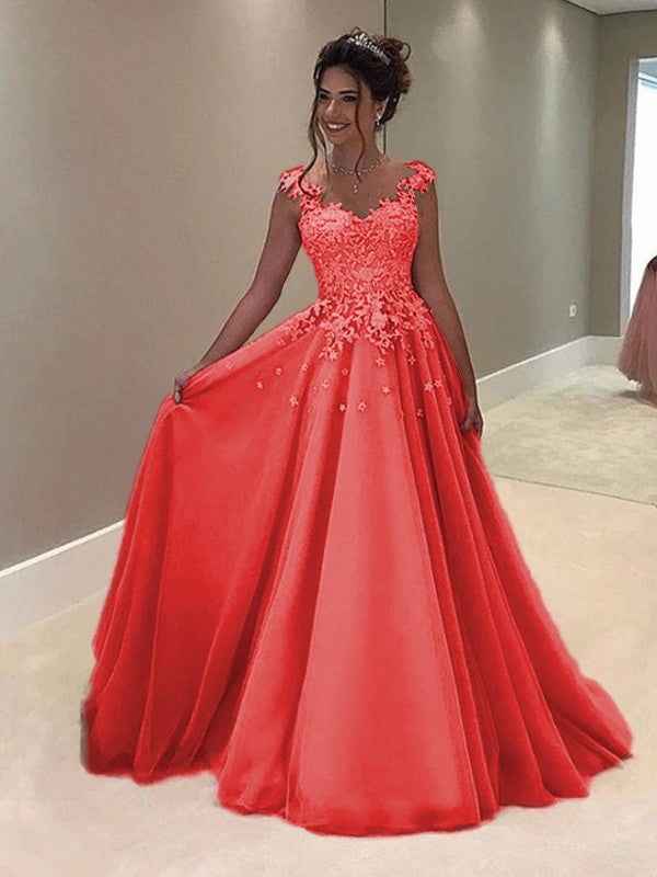 A-Line Sweetheart Sleeveless Floor-Length With Applique Tulle Prom Dress
