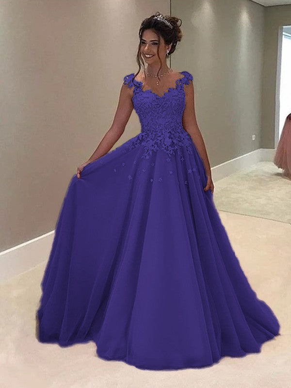 A-Line Sweetheart Sleeveless Floor-Length With Applique Tulle Prom Dress