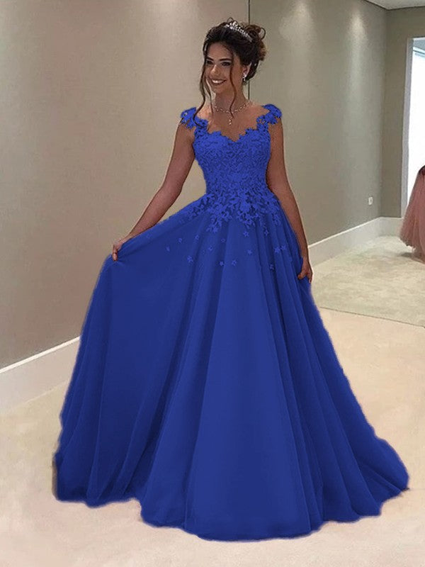 A-Line Sweetheart Sleeveless Floor-Length With Applique Tulle Prom Dress