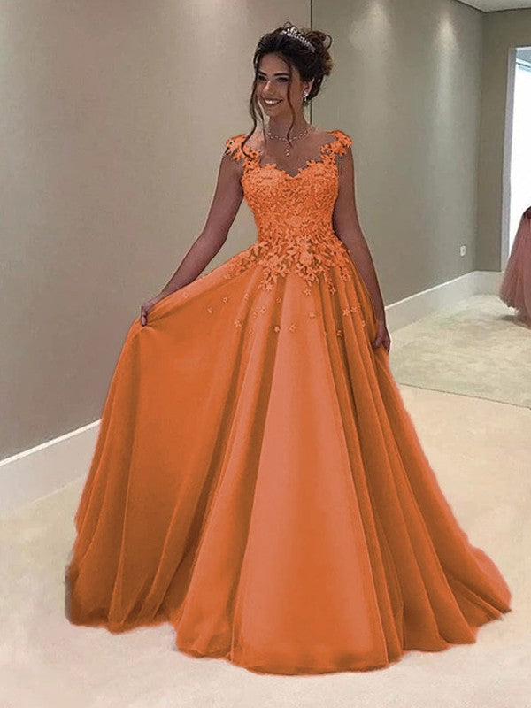 A-Line Sweetheart Sleeveless Floor-Length With Applique Tulle Prom Dress