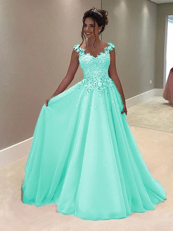 A-Line Sweetheart Sleeveless Floor-Length With Applique Tulle Prom Dress