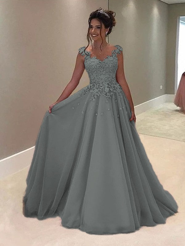 A-Line Sweetheart Sleeveless Floor-Length With Applique Tulle Prom Dress