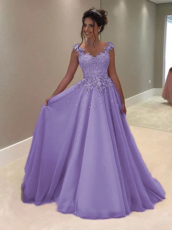 A-Line Sweetheart Sleeveless Floor-Length With Applique Tulle Prom Dress