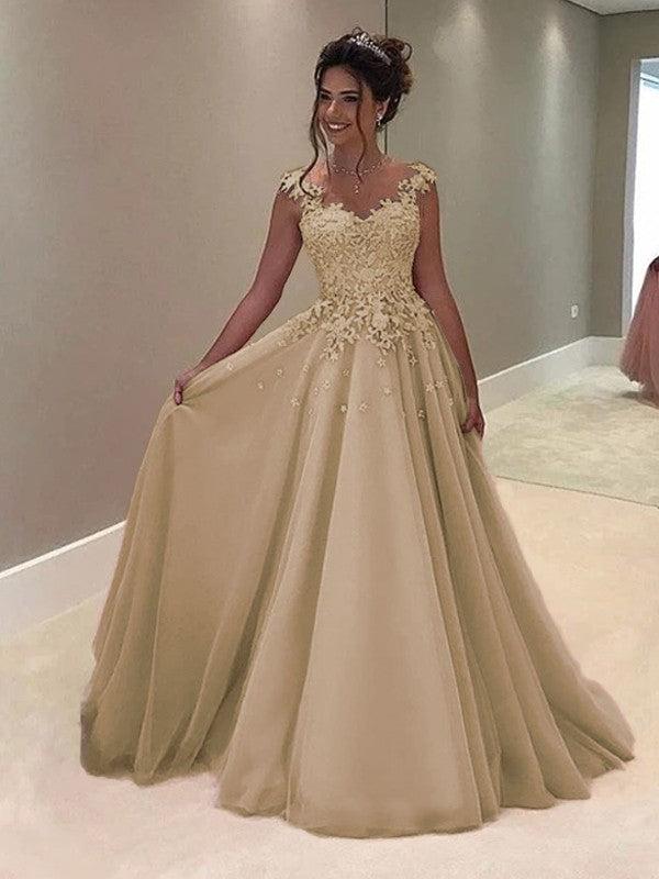 A-Line Sweetheart Sleeveless Floor-Length With Applique Tulle Prom Dress
