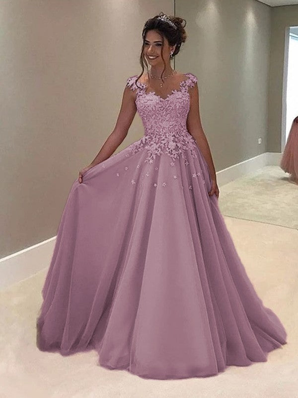 A-Line Sweetheart Sleeveless Floor-Length With Applique Tulle Prom Dress