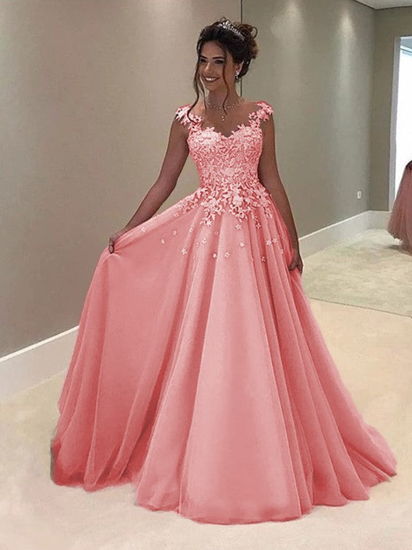 A-Line Sweetheart Sleeveless Floor-Length With Applique Tulle Prom Dress