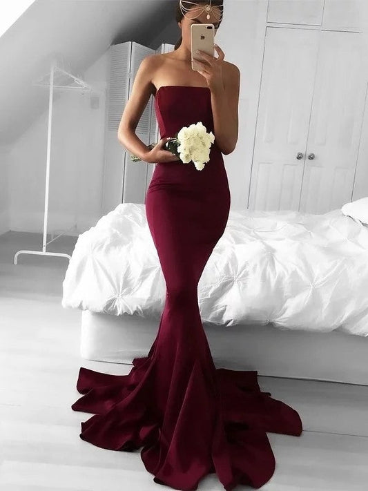 Mermaid Strapless Sweep/Brush Train Stretch Crepe Sleeveless With Ruffles Prom Dress