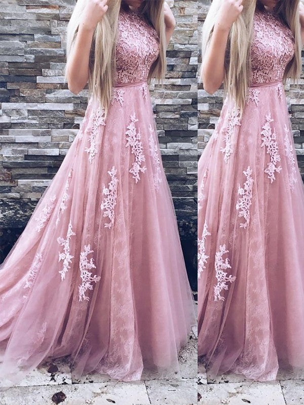 A-Line Scoop Sweep/Brush Train Tulle Sleeveless With Applique Prom Dress