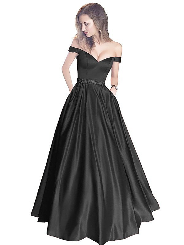 A-Line Off-the-Shoulder Sleeveless Floor-Length Satin With Beading Prom Dress
