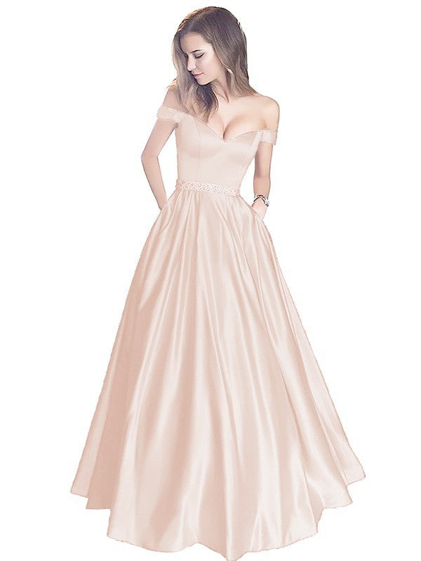 A-Line Off-the-Shoulder Sleeveless Floor-Length Satin With Beading Prom Dress