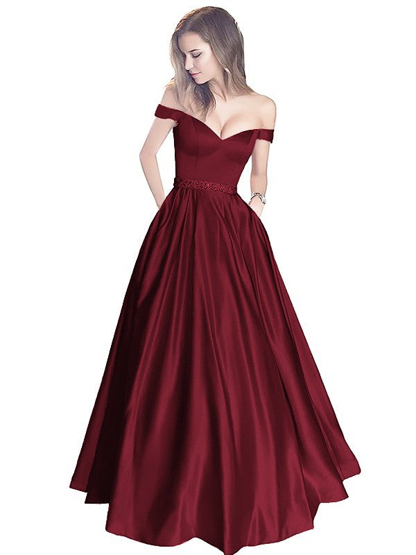 A-Line Off-the-Shoulder Sleeveless Floor-Length Satin With Beading Prom Dress