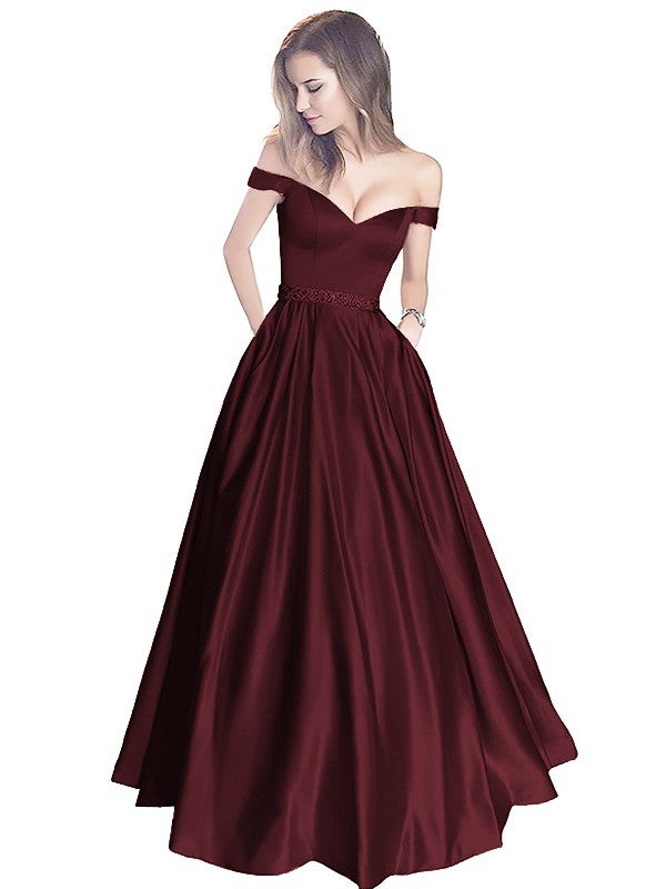 A-Line Off-the-Shoulder Sleeveless Floor-Length Satin With Beading Prom Dress