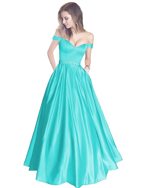 A-Line Off-the-Shoulder Sleeveless Floor-Length Satin With Beading Prom Dress