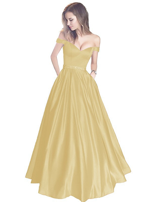 A-Line Off-the-Shoulder Sleeveless Floor-Length Satin With Beading Prom Dress
