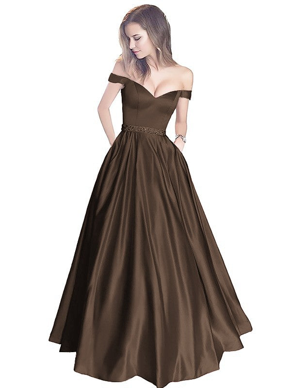 A-Line Off-the-Shoulder Sleeveless Floor-Length Satin With Beading Prom Dress