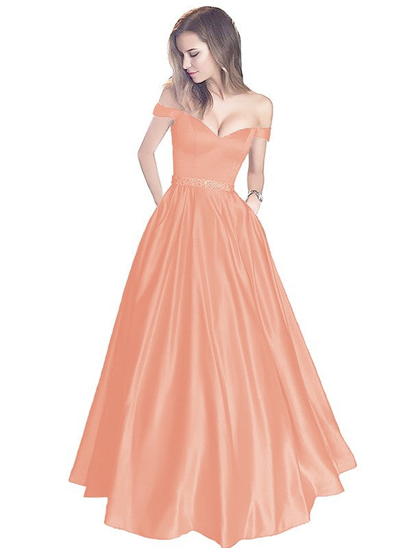 A-Line Off-the-Shoulder Sleeveless Floor-Length Satin With Beading Prom Dress
