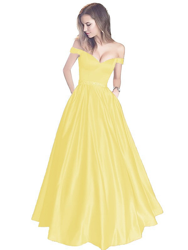 A-Line Off-the-Shoulder Sleeveless Floor-Length Satin With Beading Prom Dress