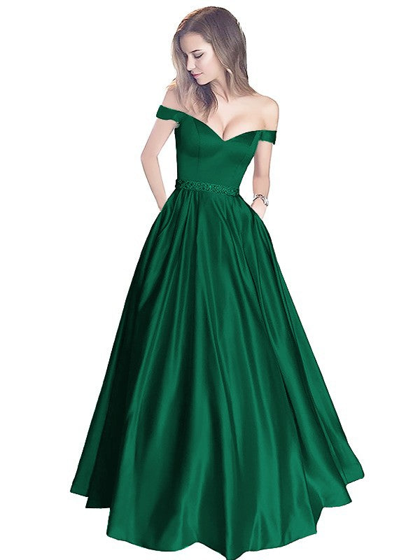 A-Line Off-the-Shoulder Sleeveless Floor-Length Satin With Beading Prom Dress