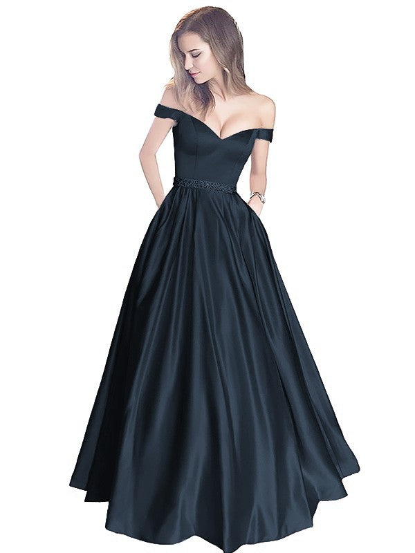 A-Line Off-the-Shoulder Sleeveless Floor-Length Satin With Beading Prom Dress