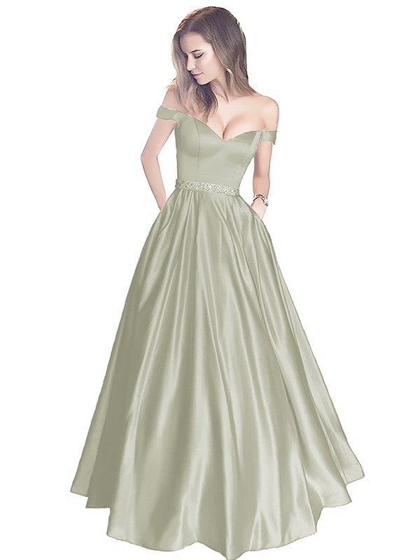 A-Line Off-the-Shoulder Sleeveless Floor-Length Satin With Beading Prom Dress