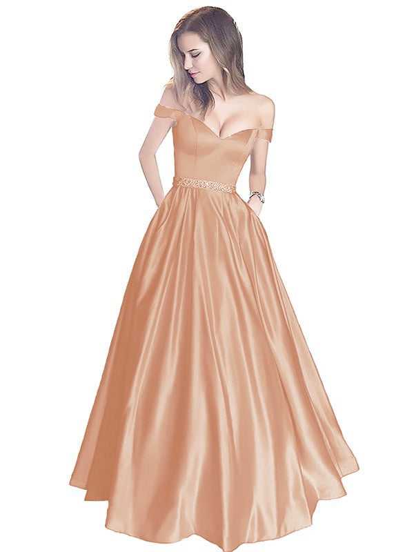 A-Line Off-the-Shoulder Sleeveless Floor-Length Satin With Beading Prom Dress