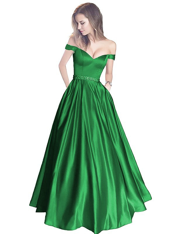 A-Line Off-the-Shoulder Sleeveless Floor-Length Satin With Beading Prom Dress