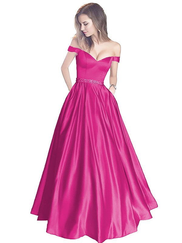 A-Line Off-the-Shoulder Sleeveless Floor-Length Satin With Beading Prom Dress