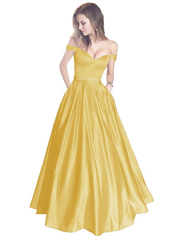 A-Line Off-the-Shoulder Sleeveless Floor-Length Satin With Beading Prom Dress