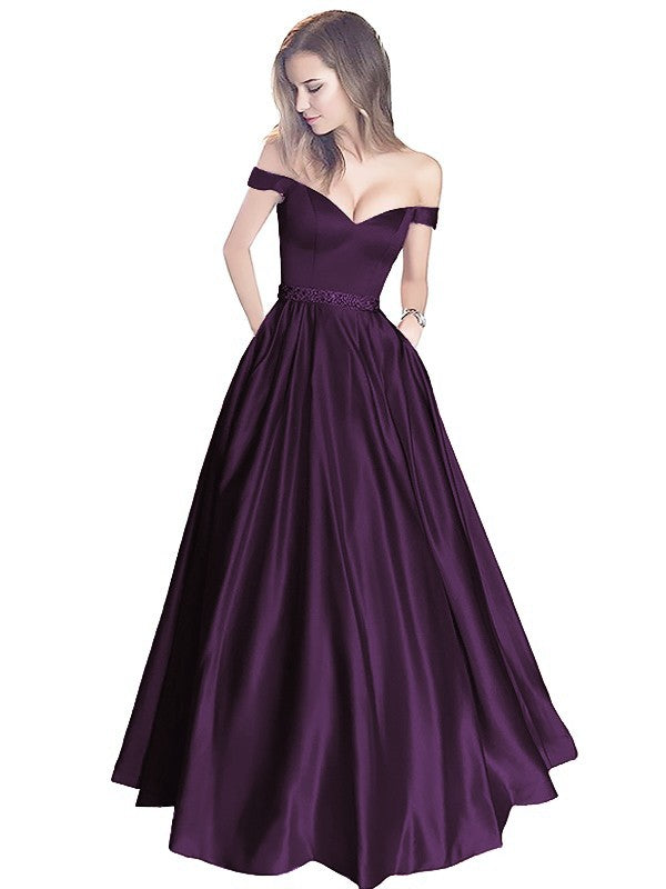 A-Line Off-the-Shoulder Sleeveless Floor-Length Satin With Beading Prom Dress