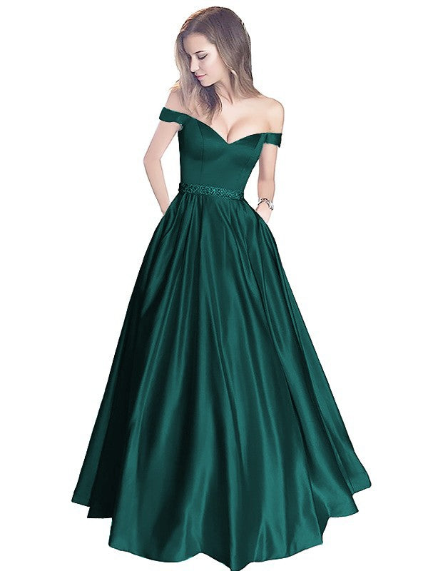A-Line Off-the-Shoulder Sleeveless Floor-Length Satin With Beading Prom Dress