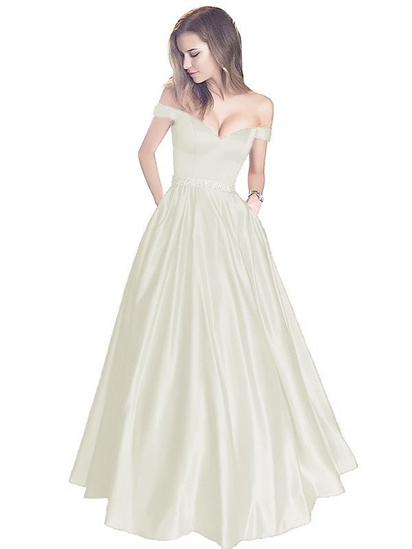 A-Line Off-the-Shoulder Sleeveless Floor-Length Satin With Beading Prom Dress