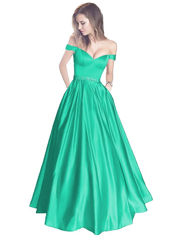 A-Line Off-the-Shoulder Sleeveless Floor-Length Satin With Beading Prom Dress