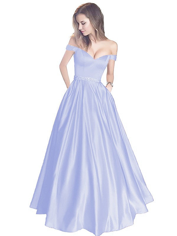 A-Line Off-the-Shoulder Sleeveless Floor-Length Satin With Beading Prom Dress