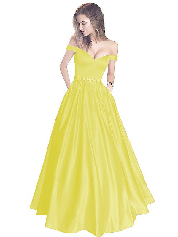 A-Line Off-the-Shoulder Sleeveless Floor-Length Satin With Beading Prom Dress