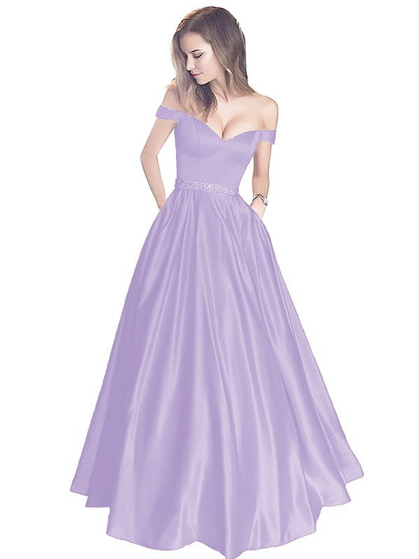 A-Line Off-the-Shoulder Sleeveless Floor-Length Satin With Beading Prom Dress
