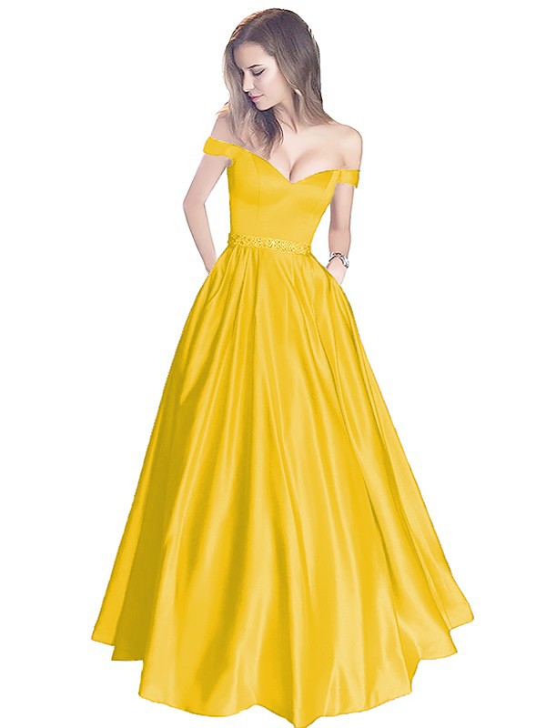 A-Line Off-the-Shoulder Sleeveless Floor-Length Satin With Beading Prom Dress