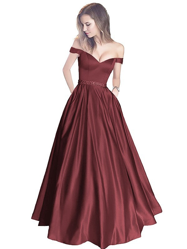 A-Line Off-the-Shoulder Sleeveless Floor-Length Satin With Beading Prom Dress
