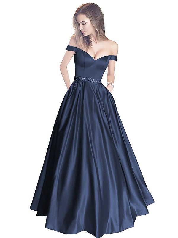A-Line Off-the-Shoulder Sleeveless Floor-Length Satin With Beading Prom Dress