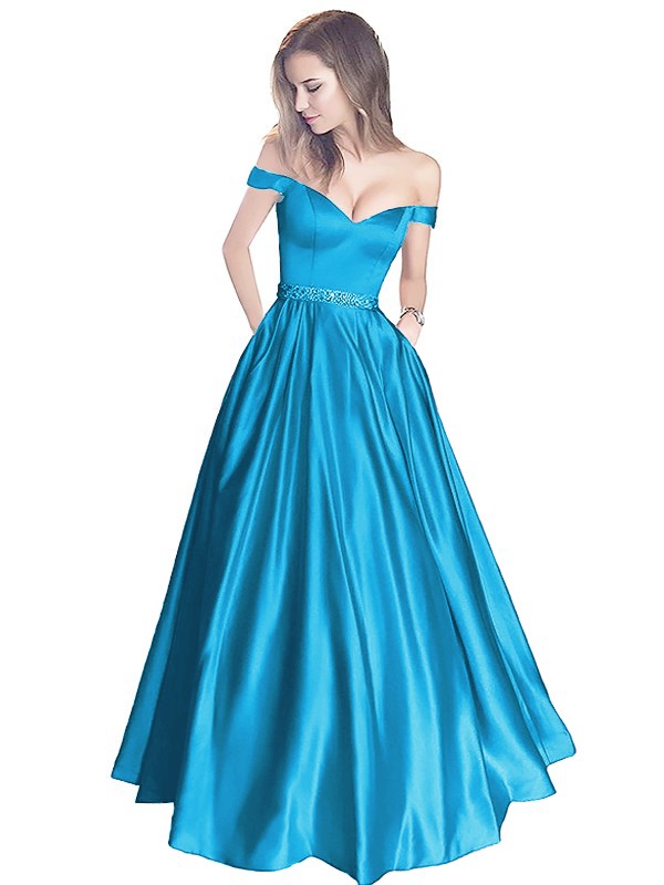 A-Line Off-the-Shoulder Sleeveless Floor-Length Satin With Beading Prom Dress