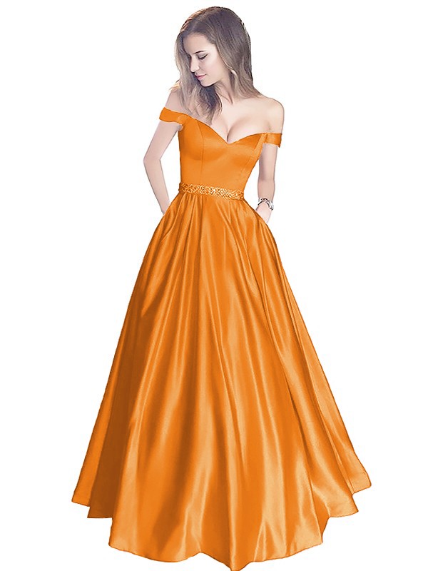 A-Line Off-the-Shoulder Sleeveless Floor-Length Satin With Beading Prom Dress