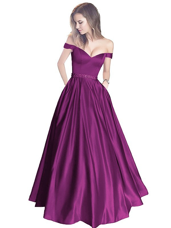 A-Line Off-the-Shoulder Sleeveless Floor-Length Satin With Beading Prom Dress