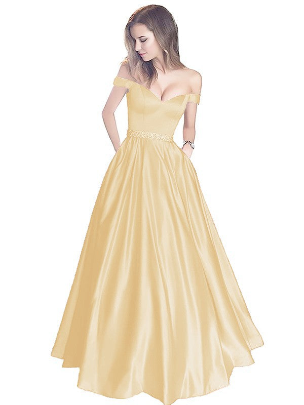 A-Line Off-the-Shoulder Sleeveless Floor-Length Satin With Beading Prom Dress