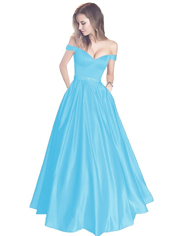 A-Line Off-the-Shoulder Sleeveless Floor-Length Satin With Beading Prom Dress